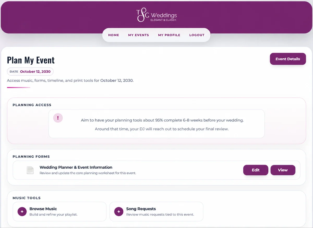 Sample TSG planning portal with links to wedding planning forms and music tools